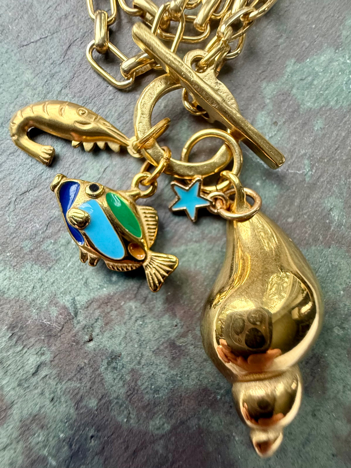 Brass Shell, Shrimp and Enamel Fish — Sea Charm Cluster 18"