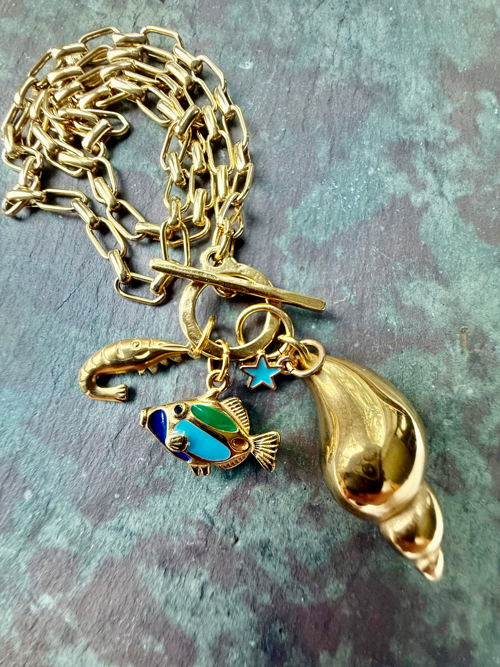 Brass Shell, Shrimp and Enamel Fish — Sea Charm Cluster 18"
