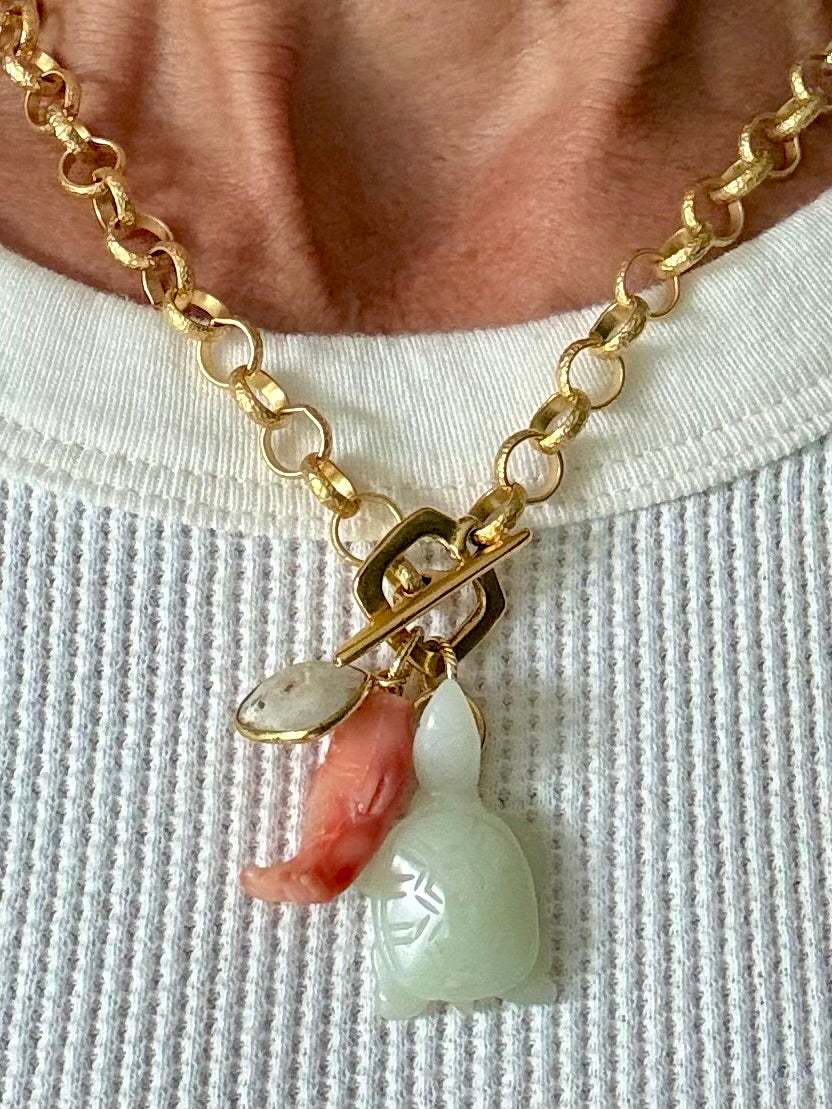Jade Turtle and Fish Necklace — Jade Charm Cluster 18"