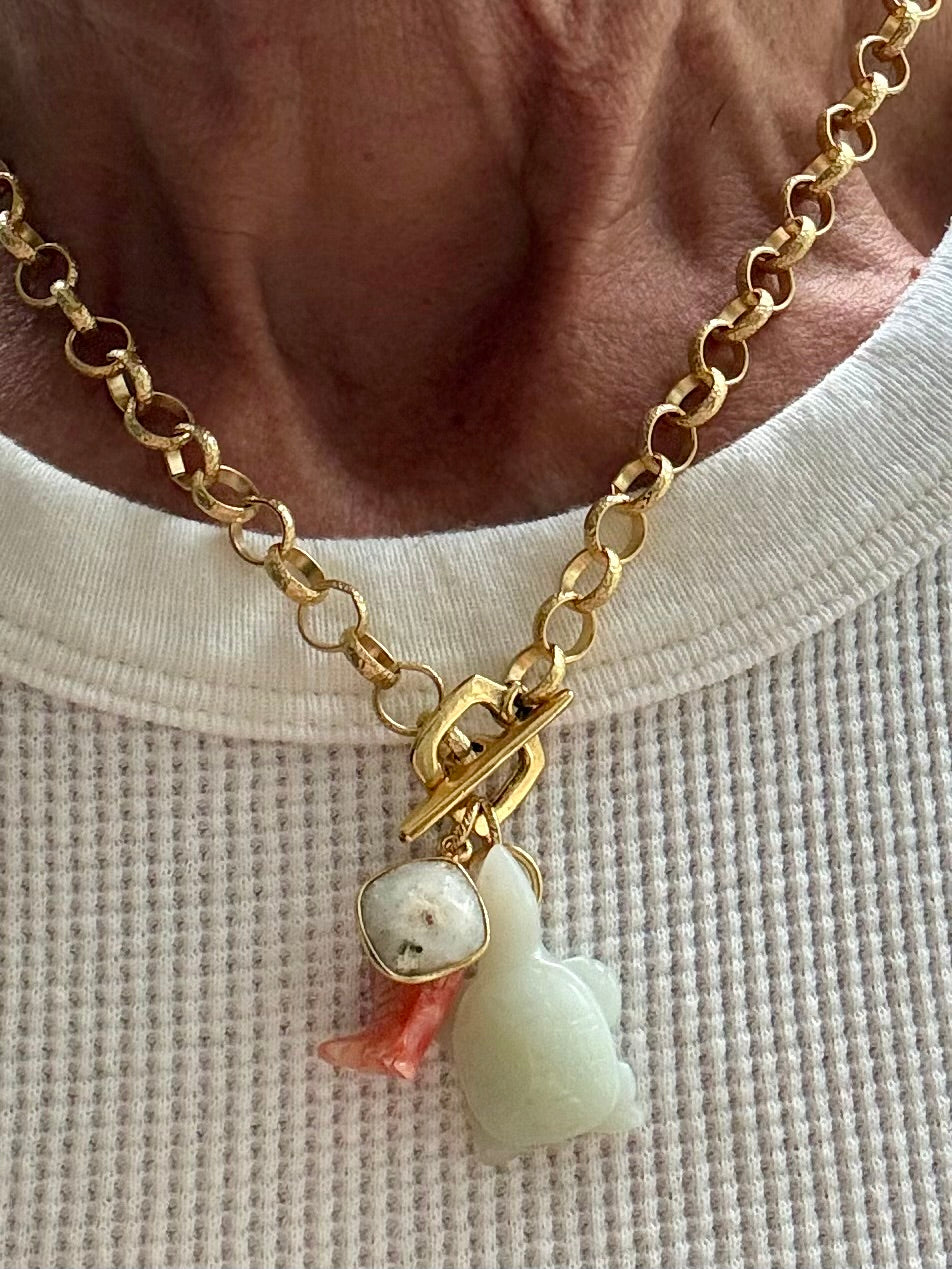 Jade Turtle and Fish Necklace — Jade Charm Cluster 18"