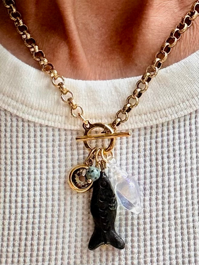 Carved Black Fish and Swarovski Pendant Necklace — Sea Charm Cluster 18"