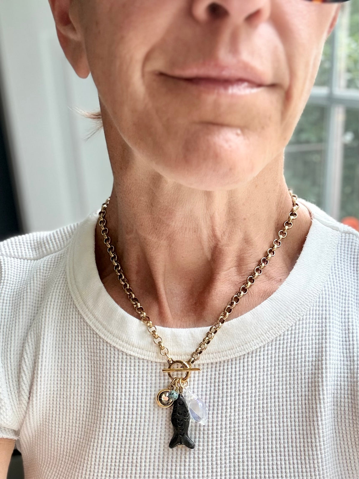 Carved Black Fish and Swarovski Pendant Necklace — Sea Charm Cluster 18"