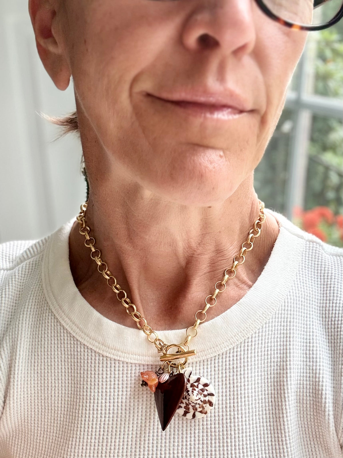 Cone Shell, Turtle and Wood Heart Necklace — Sea Charm Cluster 18"