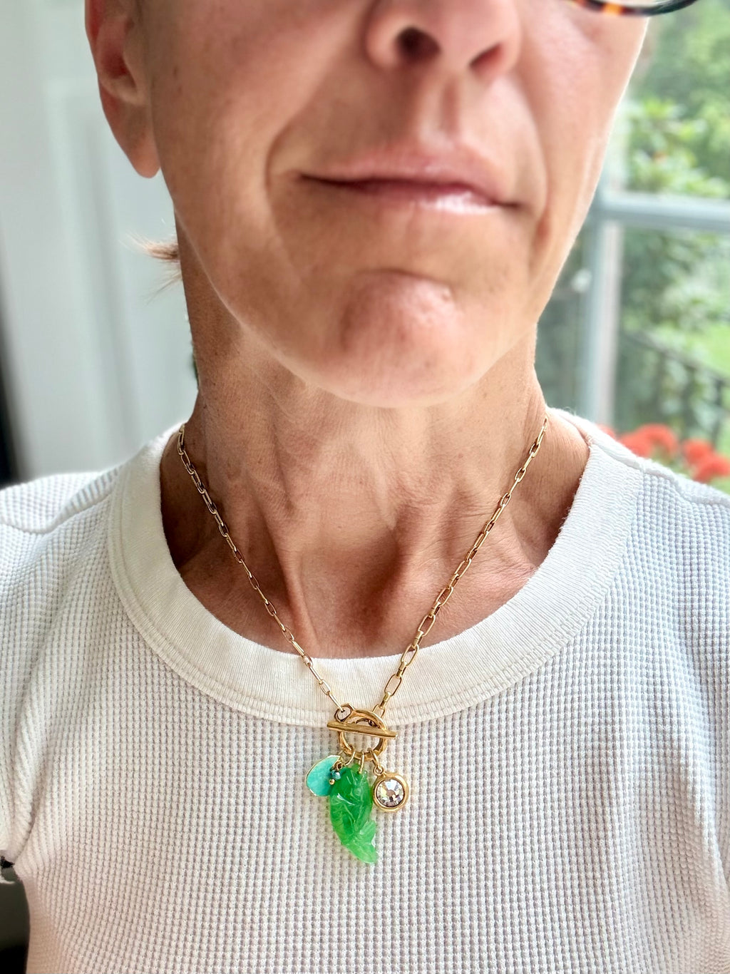 Green Jade Fish & Swarovski Crystal Necklace — Jade Charm Cluster 18"