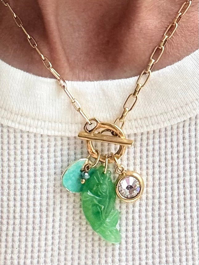 Green Jade Fish & Swarovski Crystal Necklace — Jade Charm Cluster 18"