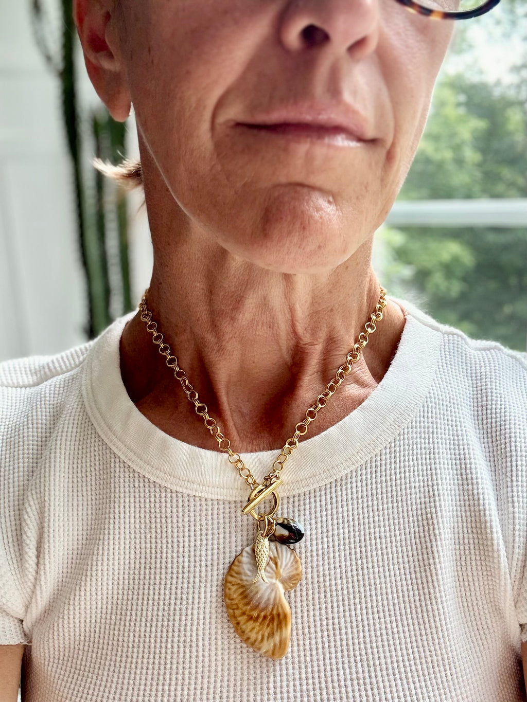 Marbled Nautilus Shell Necklace — Brass and Acrylic 18" (Copy)