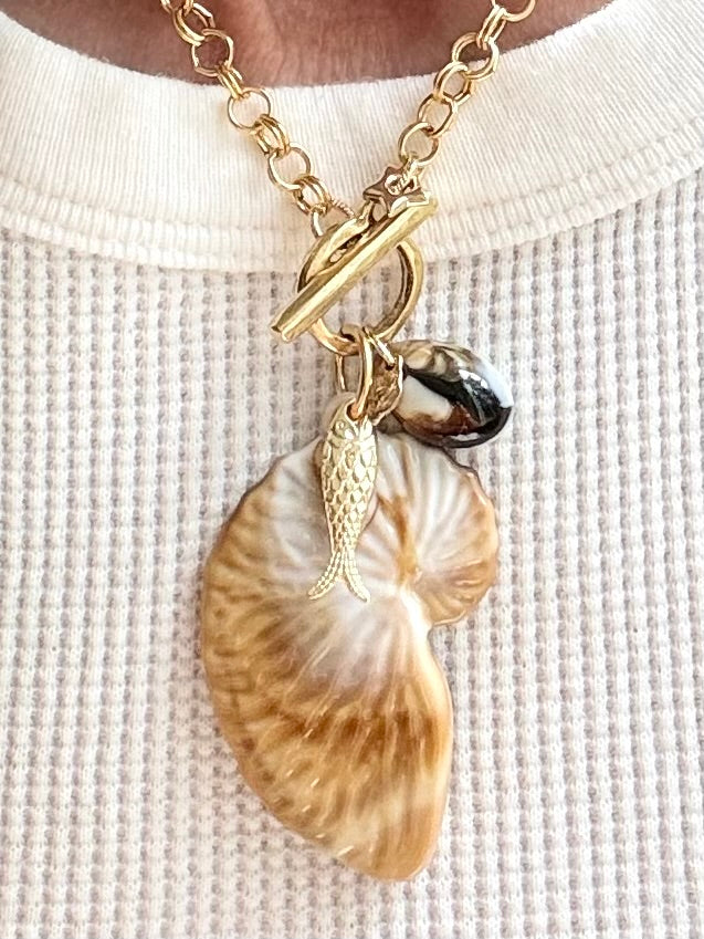Marbled Nautilus Shell Necklace — Brass and Acrylic 18" (Copy)
