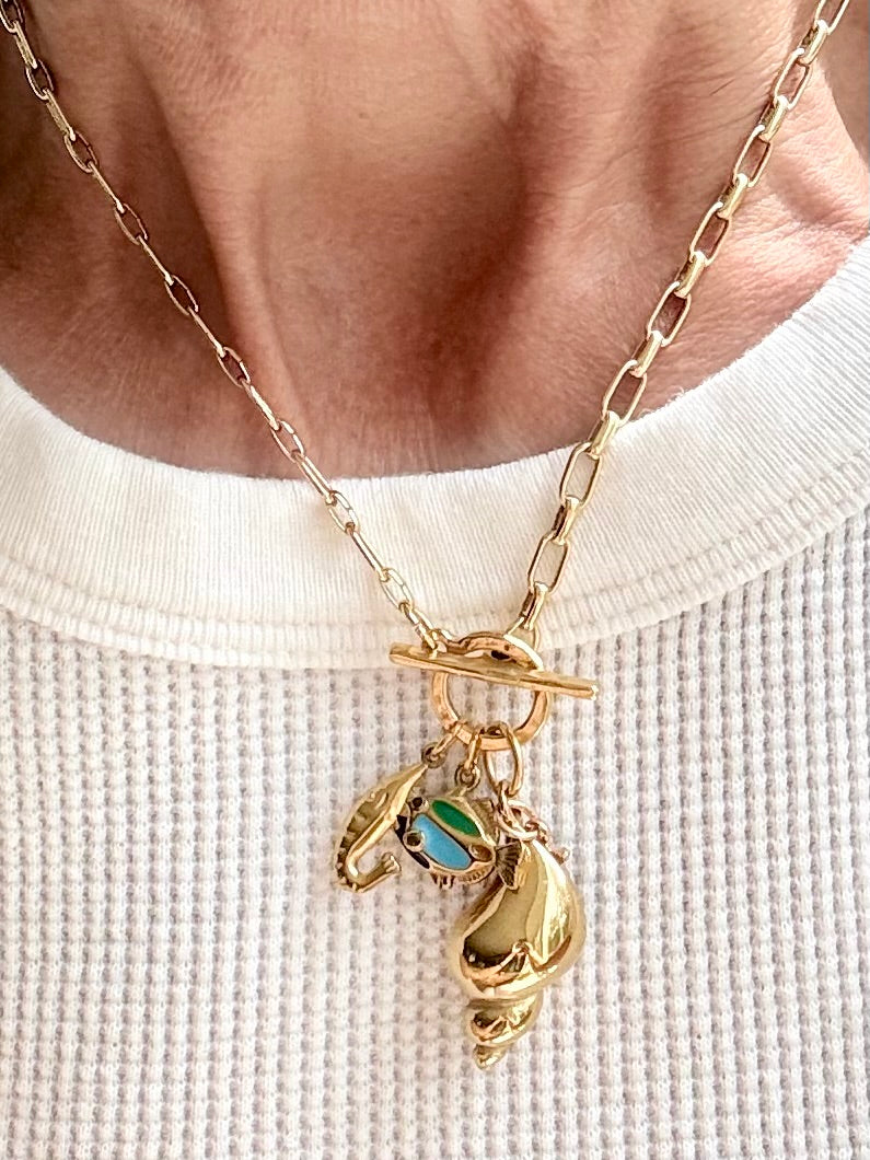Brass Shell, Shrimp and Enamel Fish — Sea Charm Cluster 18"