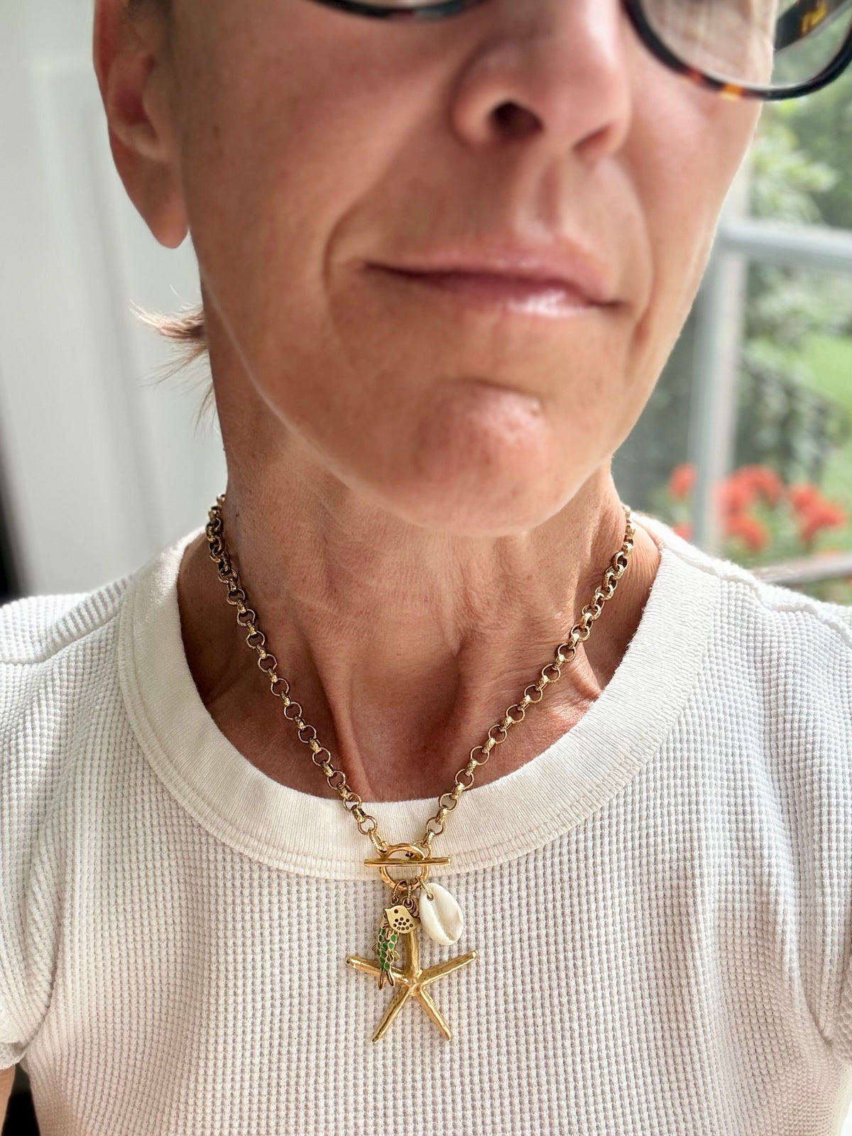 Sea Star (Starfish) Enamel Fish and Shell Necklace — Sea Charm Cluster 18"
