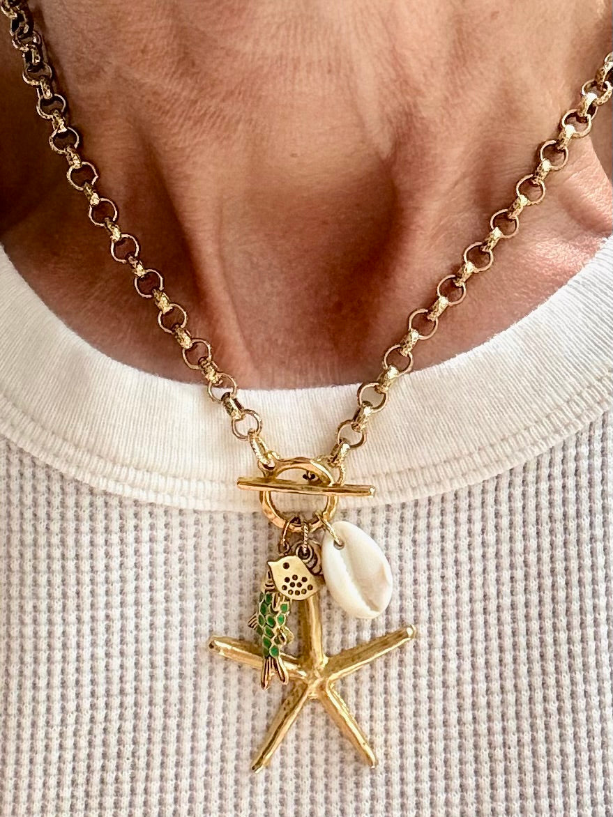 Sea Star (Starfish) Enamel Fish and Shell Necklace — Sea Charm Cluster 18"