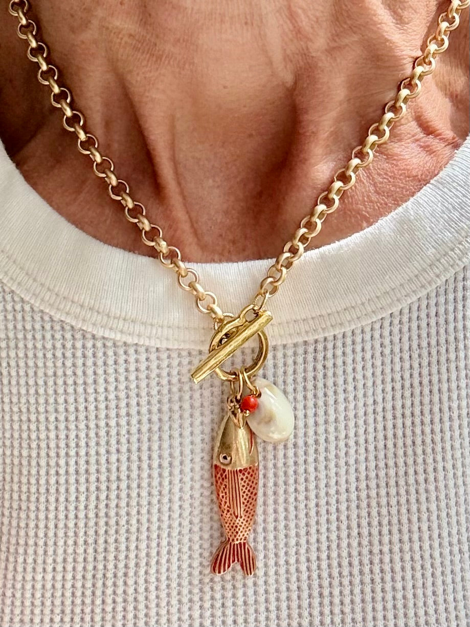 Enamel and Brass Fish Charm Necklace — Charm Cluster 18"