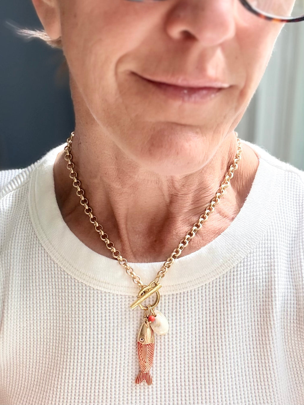 Enamel and Brass Fish Charm Necklace — Charm Cluster 18"