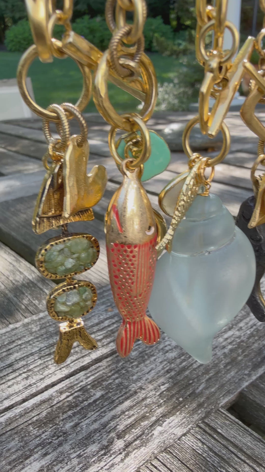 Cognac & Aqua Enamel Fish Charm Necklace — Vintage Brass, 17"