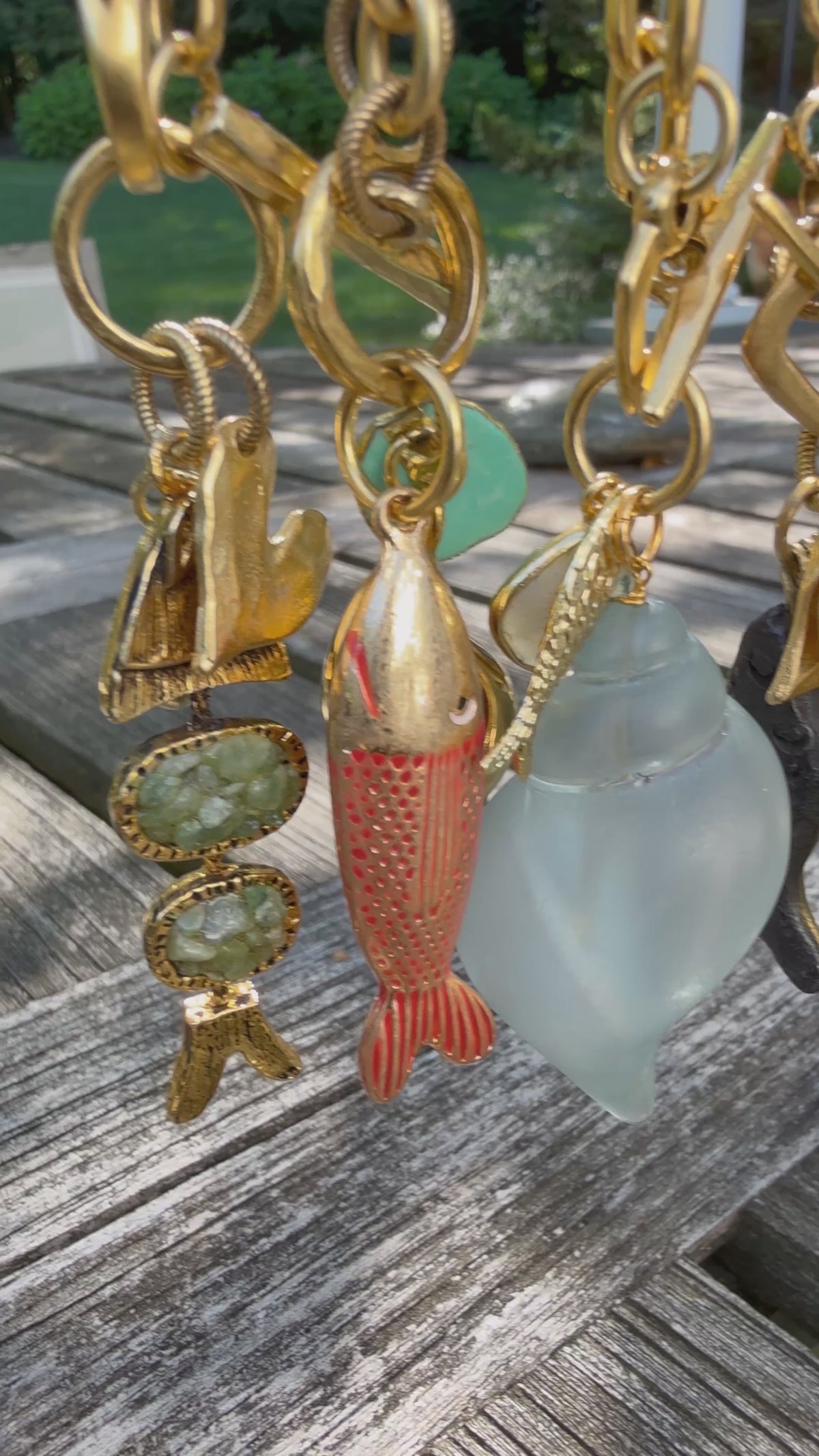 Cognac & Aqua Enamel Fish Charm Necklace — Vintage Brass, 17"